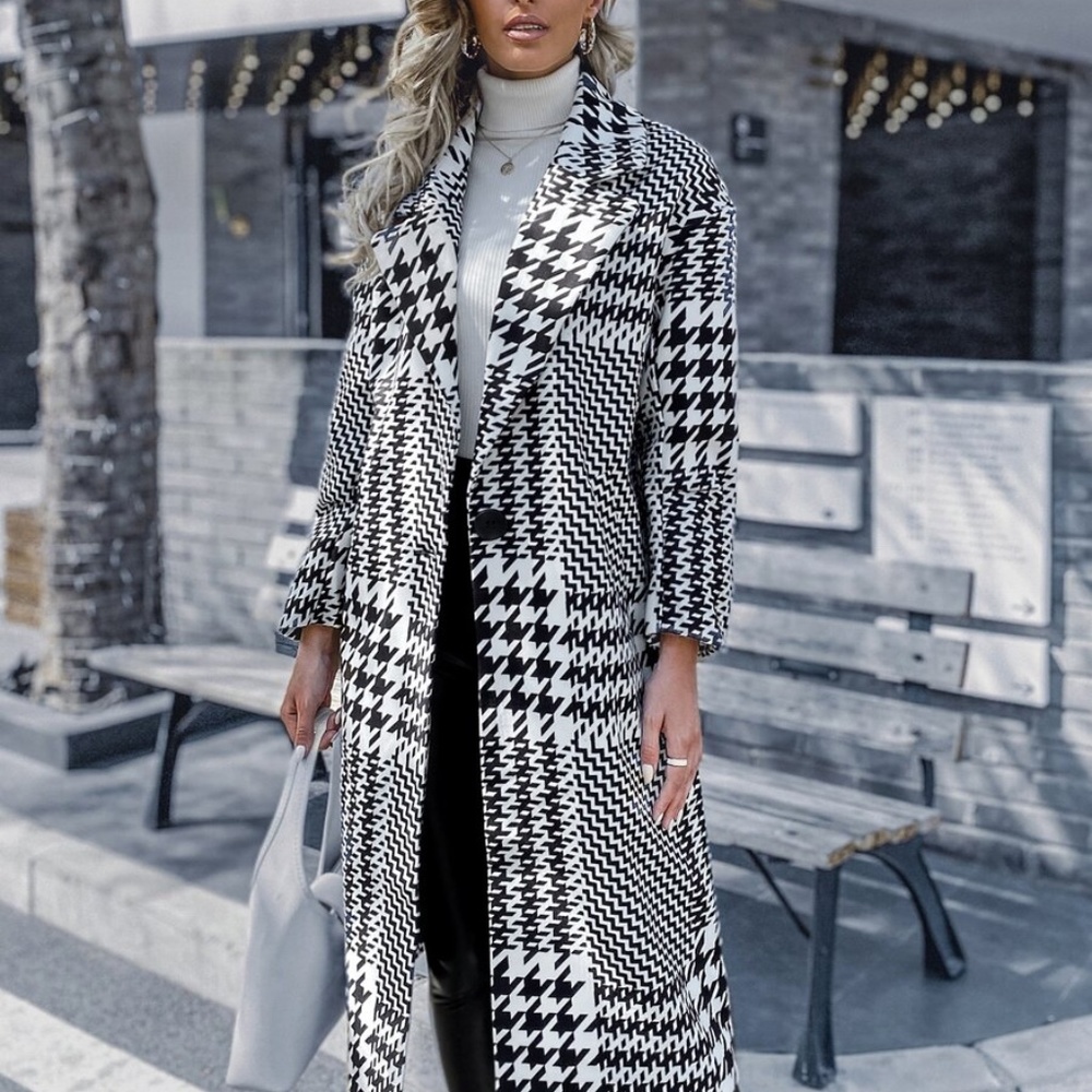 black white houndstooth long trench pea coat jacke - Picture 4 of 7
